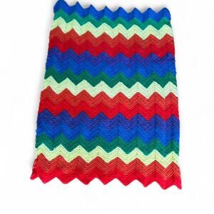 Adorable vintage hand crocheted chevron stripe rainbow toddler or lap blanket